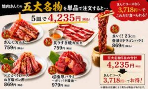 焼肉きんぐ五大名物5皿と食べ放題料金の比較