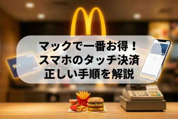 マクドナルドの背景に、空中に浮かぶクレジットカードとスマートフォン、カウンターに置かれたハンバーガーセットアイキャッチ画像