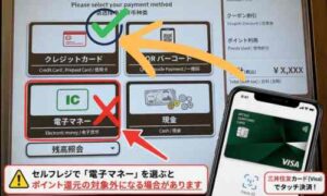 はま寿司セルフレジで電子マネー選択はiD扱いとなり7％還元がつかないことを矢印で示した画面