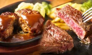 ステーキ宮の鉄板で焼かれた宮ステーキとハンバーグ
