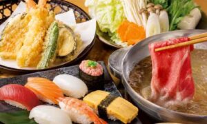 寿司と天ぷらとしゃぶしゃぶが並ぶゆず庵の食事風景