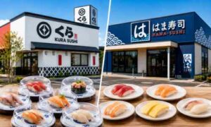 くら寿司とはま寿司の店舗外観と寿司皿を並べて比較した様子