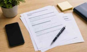 失業給付の手続きで使う書類とスマホ、筆記用具を机に並べた様子