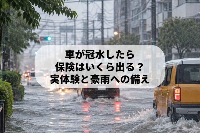 豪雨で道路が冠水し、複数の車が水の中を走行している様子